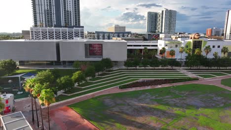 Museum-of-Art-in-Tampa-with-palm-trees-at-waterfront-during-golden-sunset