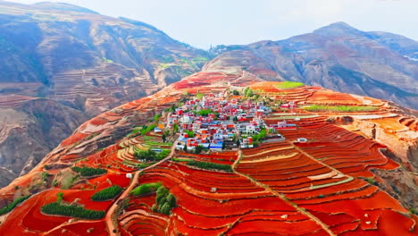 Overhead-natural-panoramic-large-agricultural-lands-with-corn,-wheat-and-terrace-farming-fields-in-rural-at-mountain