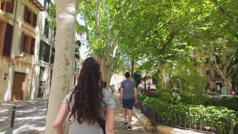 Street-plaza-with-tree-shadow-in-Palma-de-Mallorca-capital-city,-Spain-Balearic-Islands