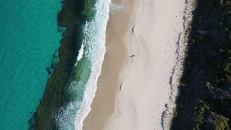 4K-Aerial-Drone-video-of-a-couple-walking-along-the-white-sand-beach-with-waves-crashing-upon-the-shore