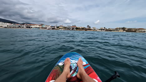 Paddleboard-water-sport-point-of-view-on-the-ocean-sea,-feet-on-board-perspective