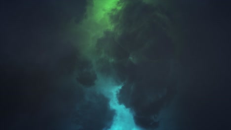 Cloud-Lightning---Eerie-spectacular-and-dramatic-lightening-storm-illuminating-dark-sullen-skull-shaped-cloud-with-brilliant-intense-bolts-and-flashes-of-magical-green-and-blue-lightning