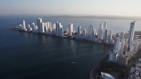 Aerial-View-of-Bocagrande-Hotels-and-Beaches-on-Caribbean-Sea,-Neighborhood-of-Cartagena,-Colombia