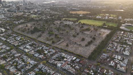 High-aerial-view-over-the-Brunswick-area-and-Melbourne-General-Cemetery-at-sunset