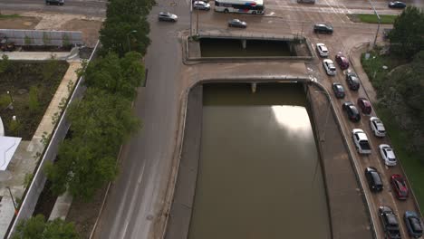 Birds-eye-view-of-flooded-street-on-Allen-Parkway-in-Houston,-Texas