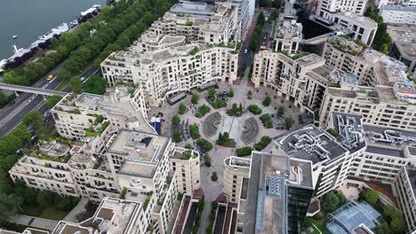 Closer-aerial-view-from-the-Parking-Pompidou-area-and-its-settlement,-Levallois-Perret,-France