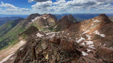 Top-of-summit-Sunlight-Windom-Peak-Mount-Eulos-Silverton-summer-Twin-Lakes-Chicago-Basin-Colorado-Silverton-San-Juan-Range-Rocky-Mountains-snowmelt-fourteeners-July-hiking-bluesky-clouds-pan-left