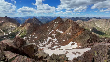 Top-of-summit-Sunlight-Windom-Peak-Mount-Eulos-Silverton-summer-Twin-Lakes-Chicago-Basin-Colorado-Silverton-San-Juan-Range-Rocky-Mountains-snowmelt-fourteeners-July-hiking-bluesky-sunny-pan-left