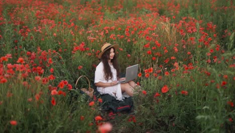 Schönes,-Fröhliches-Dunkelhaariges-Mädchen-Mit-Strohhut,-Das-In-Einem-Feld-Mit-Wildblumen-Und-Roten-Mohnblumen-Sitzt,-Ein-Kleid-Trägt,-Lächelt-Und-Per-Videoanruf-Mit-Einem-Laptop-Spricht