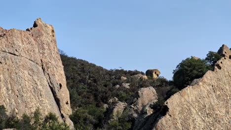 Schwarze-Vögel-Fliegen-Zwischen-Zwei-Hügeln-Und-Suchen-An-Einem-Sonnigen-Tag-Am-Mammoth-Rock-Nach-Nahrung,-Zeitlupe-Und-Kopierraum