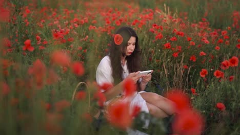 Schönes-Dunkelhaariges-Mädchen-Mit-Einer-Mohnblume-Im-Haar-Sitzt-In-Einem-Feld-Aus-Wildblumen-Und-Roten-Mohnblumen,-Trägt-Ein-Kleid-Und-Lächelt,-Während-Sie-Ein-Spiel-Auf-Ihrem-Smartphone-Spielt