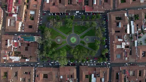 VERTICAL-DRONE-RISING-SHOT-OF-A-TOP-DOWN-VIEW-OF-PATZCUARO-DOWNTOWN-AT-SUNSET