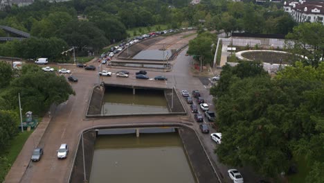 Drone-view-of-flooding-on-Allen-Parkway-in-Houston,-Texas