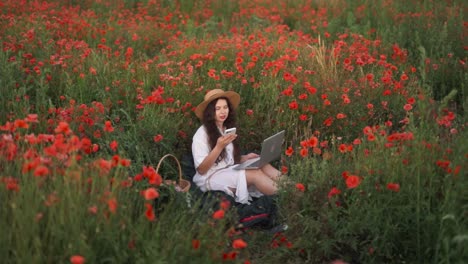 wide-shot-of-a-beautiful-dark-haired-girl-in-a-field-of-wildflowers-and-red-poppies,-wearing-a-hat-and-a-dress,-talking-on-the-phone-with-a-laptop