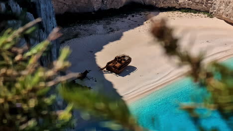 Slow-motion-landscape-of-shipwrecked-boat-on-sandy-beach-in-Navagio-Smugglers-Cove-Island-in-Zakynthos-Greece-Mediterranean-Sea-Europe-tourism-travel