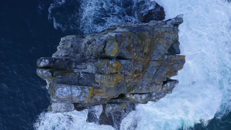 Aerial-top-down-shot-of-the-sea-stack-at-Cliffs-of-Moher,-puffins-and-seagulls-flying-by