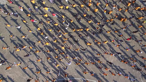 People-who-work-before-a-group-running,-drone-top-view