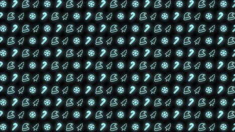 Neon-Christmas-Pattern-Background-of-Christmas-Tree,-Snowflake,-Santa-Hat-and-Candy-Cane-in-Cyan-and-Black-Looping-animation