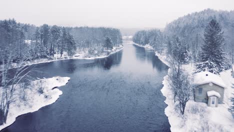 Foggy-Winter-Landscape---Drone-Flying-4K---Mountains---Trees,-rivers,-snowy