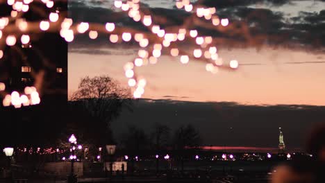 Foco-En-Rack-Desde-Ramas-Con-Luces-Navideñas-Hasta-La-Estatua-De-La-Libertad-En-Nueva-York