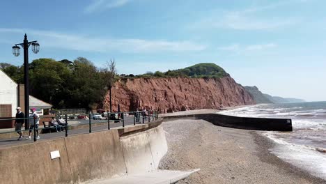 Foto-Panorámica-Con-Vistas-A-La-Playa-De-Sidmouth-Devon,-Inglaterra,-Reino-Unido,-Europa