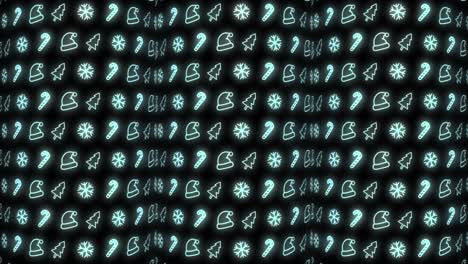 Neon-Christmas-Pattern-Background-of-Christmas-Tree,-Snowflake,-Santa-Hat-and-Candy-Cane-in-Cyan-and-Black-Looping-animation