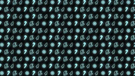 Neon-Christmas-Pattern-Background-of-Christmas-Tree,-Snowflake,-Santa-Hat-and-Candy-Cane-in-Cyan-and-Black-Looping-animation