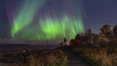 Time-lapse-of-auroras-with-country-road-in-front-near-Tromso,-Norway