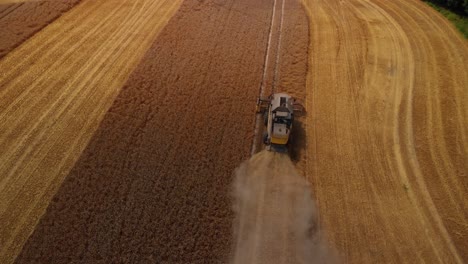 Aerial-shot-from-above-Combine-harvester-agricultural-machine-collecting-wheat-on-the-field