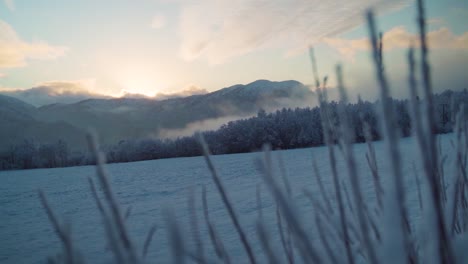 Bonita-Vista-Invernal-Mientras-El-Sol-Se-Pone-Detrás-De-Una-Montaña