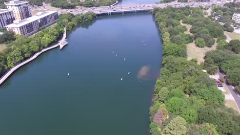 Aerial-View-of-the-N-Interstate-35-Frontage-Rd-and-the-Lady-Bird-Lake-in-Austin,-Texas