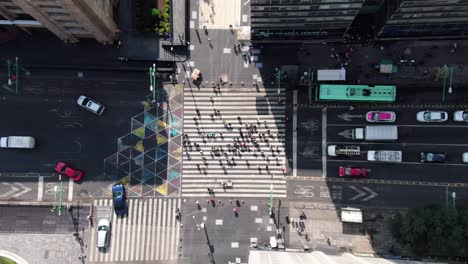 Aerial-cenital-shot-of-Madero-busy-crosswalk-intersection