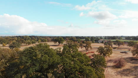 Toma-Aérea-De-Un-Dron-En-Una-Granja-Rural-Que-Genera-Un-Destello-De-Lente-Con-Robles