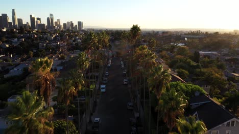 Drohnenaufnahme-Von-Palmen-Mit-Der-Skyline-Von-Los-Angeles-Im-Hintergrund-Während-Der-Goldenen-Stunde