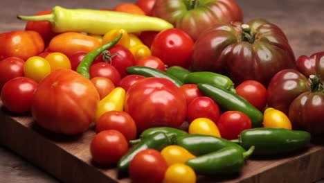 Flach-Auf-Rustikalem-Gealtertem-Palettenholz-Cherokee-Lila-Tomate-Jalapenopfeffer-Rote-Und-Gelbe-Tomaten-Cayennepfeffer-Und-Gelbe-Paprika-Mit-Hartholz-Schneidebrett