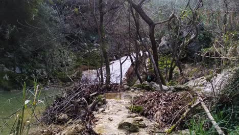 4K-Filmaufnahme-Eines-Kleinen-Wasserfalls-Im-Tiefen-Wald-Und-Eines-Wunderschönen-Grünen,-Schlammigen-Sees