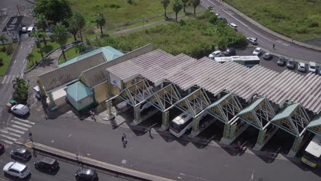 Aerial-view-of-the-Gare-Routière-de-Bergevin-bus-station-of-the-colonial-Caribbean-port-city-of-Pointe-à-Pitre,-Guadeloupe