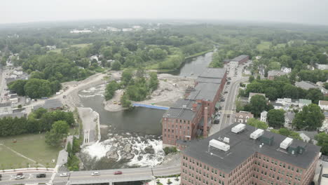 Aerial-Fly-Over-Drone-Footage-over-Downtown-Westbrook-in-Maine,-Cumberland-County,-USA