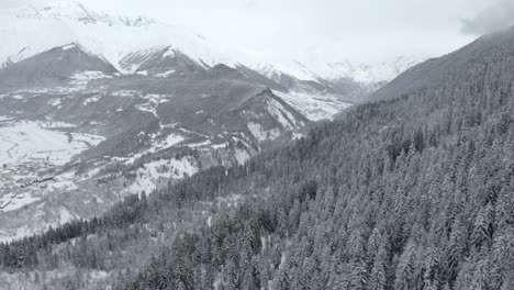 Majestic-aerial-snowy-forest-landscape-of-Mestia,-Caucasus-Mountains