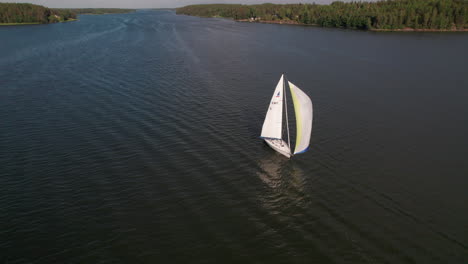 Slow-drown-shot-sail-boat,-the-coast-of-the-Baltic-Sea,-Sweden,-aerial