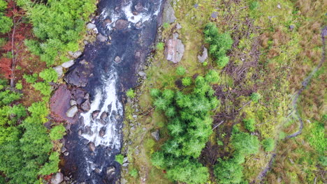 Luftaufnahmen-Mit-Blick-Nach-Unten-Und-Entlang-Eines-Baches,-Der-In-Thirlmere-Im-Britischen-Lake-District-Mündet