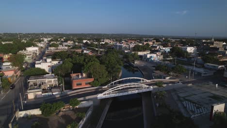 aerial-shot-of-a-stream-with-cars-crossing-bridges