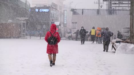 Menschen-In-Mänteln-Kämpfen,-Um-In-Einem-Schweren-Winterschneesturm-Zu-Gehen,-Seoul-City