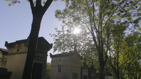 lateral-traveling-shot-of-numerous-mausoleum-in-pere-lachaise-cemetary,-Paris,-France