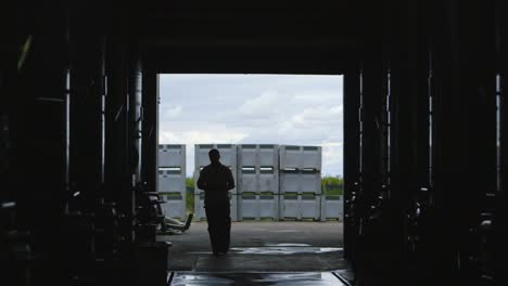 Weingut:-Silhouette-Eines-Arbeiters,-Der-Ein-Lager-Für-Gärtanks-Betritt