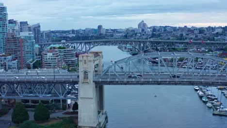 Busy-Vancouver-Bay-Skyline-Drone-Aerial-Shot---British-Columbia,-Canada