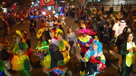 People-in-costumes-dancing-and-enjoying-themselves-at-the-Carnival-in-Las-Palmas-de-Gran-Canaria,-Canary-islands,-Spain