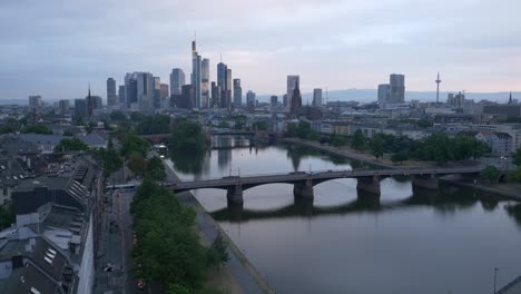 Empty-skyscraper-of-City-of-Frankfurt-by-Drone-in-the-Morning-in-Corona-Crisis