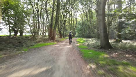 Mountainbiker-Fahren-Durch-Waldweg,-Verfolgt-Von-Drohne-Mit-Active-Track-Epping-Forest-England-An-Sonnigen-Tag