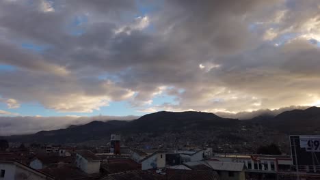 Panoramic-View-From-Building-Rooftop-Of-The-City-Of-Cajamarca-In-Peru-At-Sunset